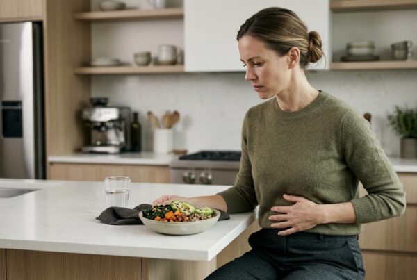 Donna seduta in cucina con pasto sano davanti che tiene la mano sull’addome per gonfiore dopo aver mangiato